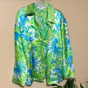 💯% Silk STARINGTON Women's Leaf Print. 2 pc blouse - Green and Blue